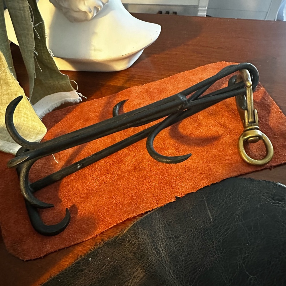 WROUGHT IRON HOOKS (LOT OF THREE) WITH BRASS CARABINER